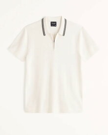 【6月中はエントリーで必ずP10倍!!】 Abercrombie＆Fitch (アバクロンビー＆フィッチ) 正規品 コットン シルクブレンド ニット ハーフジップ ポロシャツ (Cotton Silk-Blend Knit Zip Polo) メンズ (Off White) 新品