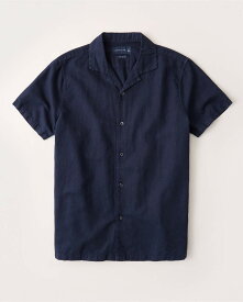 【5/23 14時~簡単!!エントリーで必ずP13倍】 Abercrombie＆Fitch (アバクロンビー＆フィッチ) リネンブレンド キャンプカラー ボタンアップ 半袖シャツ (Linen-Blend Camp Collar Button-Up Shirt) メンズ (Navy) 新品