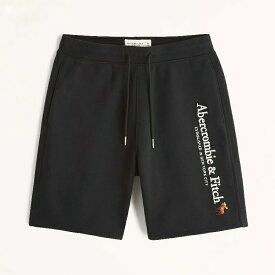 【6月中はエントリーで必ずP10倍!!】 Abercrombie＆Fitch (アバクロンビー＆フィッチ) アバクロ ロゴ刺繍 スエット ショーツ (Embroidered Logo Fleece Shorts) メンズ (Black) 新品