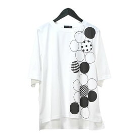 【メール便送料無料】サークルプリントバックロングカットソー◆レディース カットソー tシャツ ドット柄 チェック柄 プリント 半袖 ラウンドネック 丸首 上品 30代 40代 50代◆