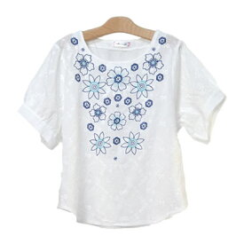 花柄刺繍コットンレースブラウス◆レディース ブラウス 半袖 トップス レース ナチュラル 綿100% コットン プルオーバー 丸首 布帛 フラワー 大人 春 夏 30代 40代 50代◆