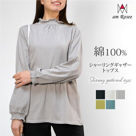 【メール便送料無料】シャーリングギャザーメロウトップス◆レディース プルオーバー カットソー 10分袖 長袖 トップス 体型カバー レイヤード カジュアル ハイネック ギャザー コットン 綿100% ゆったり ナチュラル