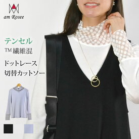 【メール便送料無料】レース切替テンセルハイネックカットソー◆レディース カットソー Tシャツ トップス 長袖 ハイネック ドット レース インナー テンセル ストレッチ ボトルネック 重ね着 体型カバー レイヤード