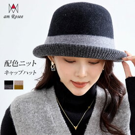【送料無料】配色ニットキャップハット◆レディース 帽子 ハット ニット 防寒 キャップ ウール コンパクト 雑貨 小物アクセサリー 秋 冬 春 配色 ライン