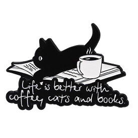 ピンズ ピン バッジ ブローチ バッヂ (ネコ ねこ 猫 黒猫 と 本 と コーヒー ) 送料無料
