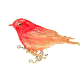 ピンズ ピン バッジ ブローチ バッヂ エナメル ラインストーン 金色の枝(左向き 小鳥 )赤 桃色 トリ 鳥 送料無料