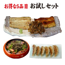 お試しセット　きざみ鰻蒲焼1・蒲焼お値打ちサイズ1・きも佃煮100g・白むしお値打ちサイズ1・鯵餃子15個入　送料無料　白焼き　冷凍クール便【おひとり様1セット・1回のみ】