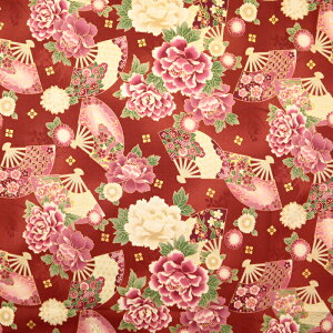 ≪無料レシピ有≫扇子と牡丹 シーチング生地 チンツ加工 和柄 シャツ 花柄 日本 人気 おしゃれ 巾着 バッグ かっこいい レトロ アロハシャツ 布地 50cm単位