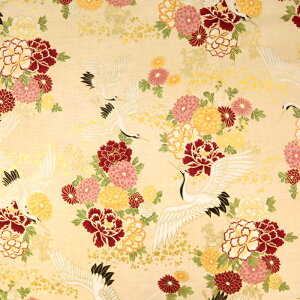 ≪無料レシピ有≫鶴と花 シーチング生地 チンツ加工 和柄 シャツ 花柄 日本 人気 おしゃれ 巾着 バッグ かっこいい レトロ ワンピース アロハシャツ 布地 50cm単位