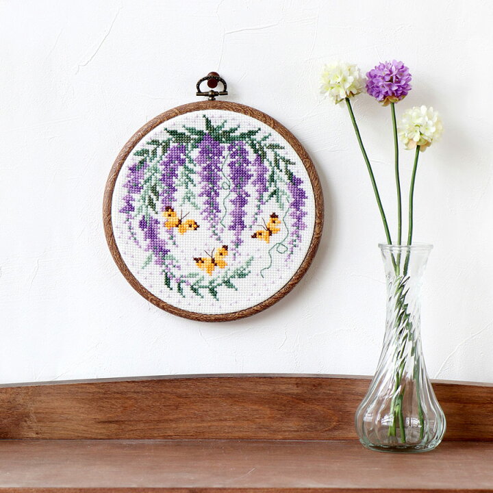 楽天市場】クロスステッチキット 藤の花と黄蝶・フープ付 : 布がたり  