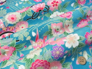 一越ちりめん・花と折鶴(青) 10cm単位 切り売り