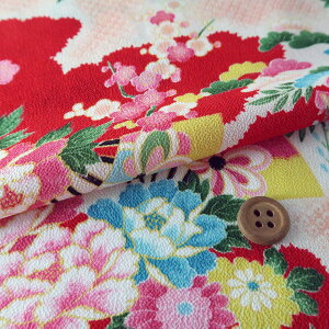 一越ちりめん かのこ雲に百花扇柄(赤) 10cm単位 切り売り