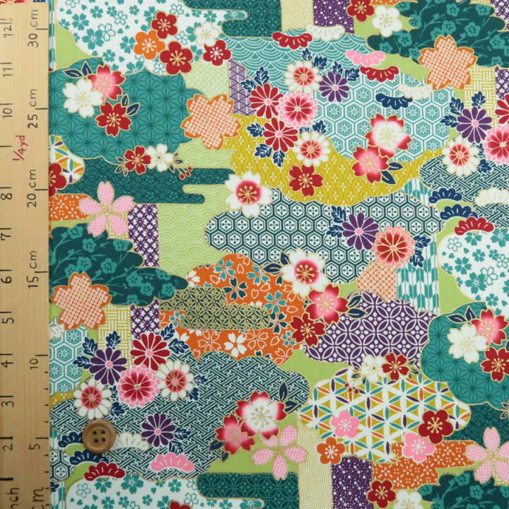 楽天市場 和柄コットン生地 花と雲取り和文様 青緑 10cm単位 切り売り Rcp 布がたり ちりめん和柄生地と手芸