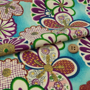 一越ちりめん生地 菊と梅(ブルー) 10cm単位 切り売り