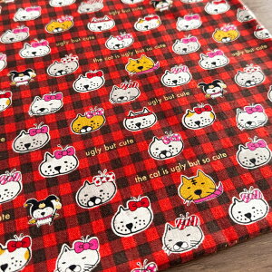 【10センチ単位】生地 布チェック猫 【1】レッド 綿麻キャンバス コットンリネン 商用利用可 おしゃれ 個性的 コットンこばやし 猫柄 ネコ柄 ねこ柄 ヌノズキ チェック猫/10cm