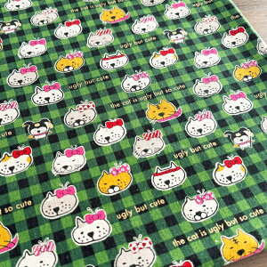 【10センチ単位】生地 布チェック猫 【2】グリーン 綿麻キャンバス コットンリネン 商用利用可 おしゃれ 個性的 コットンこばやし 猫柄 ネコ柄 ねこ柄 ヌノズキ チェック猫/10cm