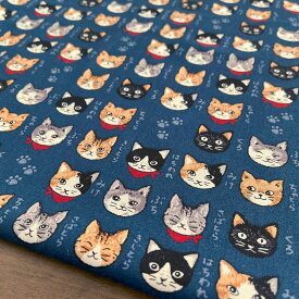 お盆も毎日発送!【10センチ単位】猫柄 生地 布 猫図鑑 【3】ネイビー　シーチング コットン100％ 入園入学準備に 商用利用可 ねこ柄 オシャレ お洒落 ヌノズキ/猫図鑑10cm