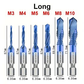 ドリルタップ 6本セット M3 M4 M5 M6 M8 M10 六角軸 6.35mm HSS ハイス鋼 ブルー チタンコーティング スパイラル 穴あけ ネジ切り ねじ切り 下穴 面取り インパクトドライバー 対応 DIY 工具 鉄工 木工 アルミ メンテナンス 便利 日曜大工 道具 精密 旋盤 工作 セット売り