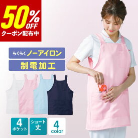 【クーポン利用で1,974円⇒987円！】制電 ノーアイロン エプロン 【送料無料】 ナースウェア ユニフォーム 医療 看護師 介護 保育士 病院 クリニック ケア 仕事 大きいサイズ ゆったり ナチュラル シンプル 無地 大ポケット ナースグッズ ナースエプロン 薄手 かぶるだけ