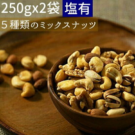 ◆まとめ買い250gx2◆塩有り5種類のミックスナッツ 500g無添加 小分け≪ネコポス便・送料無料≫アーモンド カシューナッツ クルミ　殻付きピスタチオ ジャイアントコーン【小袋500g5種ミックス塩有り】