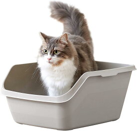 【OFT】 HY CAT ラージ 猫トイレ 大型 本体 飛び散り防止 幅26cm×奥行33cm ハ イキャット 大きい 一体成形 入口低め（グレー）