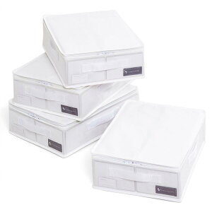 アストロ 収納ケース 衣類用 高さ10cm コンパクトサイズ ホワイト 4個組 通気性の良い不織布製 収納袋 収納ボックス 衣装ケース 洋服 子供服 保管袋 小物入れ 中身が見える透明窓 折りたたみ