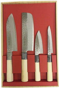 ヤクセル 関藤平作 包丁 4本セット 三徳包丁・菜切包丁・小出刃包丁・ぺティナイフ 日本製 初心者向け 片刃 和包丁 魚 捌き 野菜用 鎚起 ステンレス製 32058