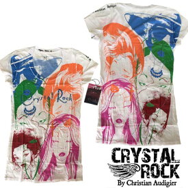 CRYSTAL ROCK クリスタルロック BY CHRISTIAN AUDIGIER クリスチャンオードジェー レディース チュニック Tシャツ ラインストーン GIRLS ホワイト ハリウッド LAセレブ ファッション セレブ カジュアル セレカジ エドハーディー Ed Hardy ストリート スタイル ブランド