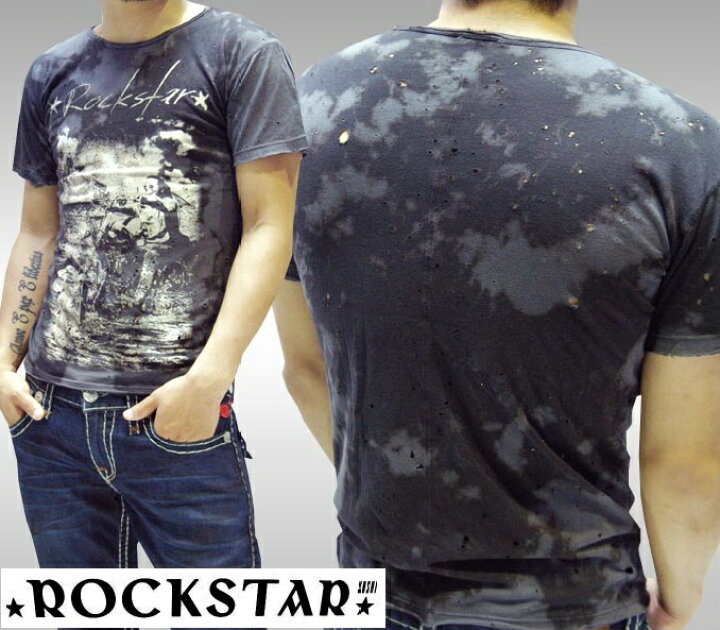 楽天市場 セール 送料無料 ロックスター メンズ Tシャツ Rockstar Sushi ダメージ ケミカルウォッシュ ブラック Vf025 半袖 トップス Laセレブ ロック Punk パンク サファリ スタイル ファッション 雑誌 掲載 ハリウッド ストリート カジュアル アメカジ ブランド
