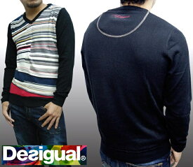 デシグアル Desigual メンズ Vネック ボーダー ニット トップス ホワイト ブラック 27J1136 セーター スペイン セレカジ ヨーロピアン ファッション インポート ブランド アメカジ セレブ カジュアル スタイル 正規