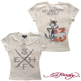 【セール】【送料無料】 エドハーディー レディース 半袖 Tシャツ 【200種類の品揃え】 Ed Hardy 13 CAT アイボリー エド・ハーディー 正規品 セレブ サファリ ファッション 雑誌 掲載 ブランド LAセレブ セレカジ ストリート ロック サーフ スタイル