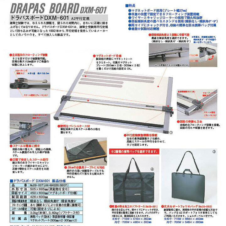 DRAPAS DXM-601 建築士試験対応 A2判 平行定規 製図板（楽天市場】建築  