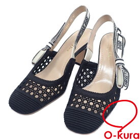 【中古】 クリスチャンディオール J'Adior スリングバック パンプス レディース ブラック ホワイト 約23.0cm 36 太ヒール メッシュ リボン 古着 アパレル 靴