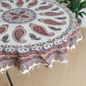 【20%OFFクーポン対象品】ペルシャ更紗 ガラムカール 150cm円形 イラン産 綿100％ 手染布 テーブルクロス テーブルマット ベージュ 赤 洗える アジアン エスニック オリエンタル柄 ペイズリー 新生活 ダイニング（品番:GM-1503）