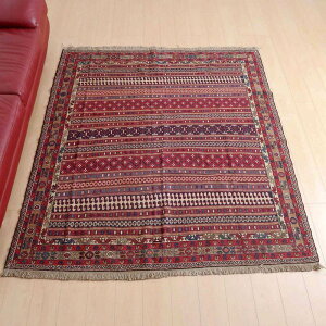 イラン・アゼルバイジャン産 キリム リビングサイズ 201×181cm 手織り ラグ ウール 100% エスニック アジアン 夏用 洗える ダイニング ベッドルーム ホットカーペット対応 床暖房対応 ラグマッ