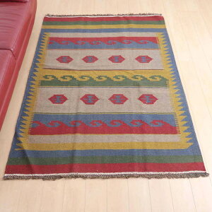 イラン・シラーズ産 キリム リビングサイズ 203×149cm 手織り ラグ ウール 100% 夏用 洗える ダイニング ベッドルーム ホットカーペット対応 床暖房対応 ラグマット 絨毯 キリム柄 kilim ボーダー