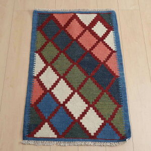 キリム イラン製 玄関マット 90×60cm 手織り 小さめ ラグ ウール 100% おしゃれ 北欧 エスニック アジアン 夏用 にも 洗える ホットカーペット対応 床暖房対応 カーペット ラグマット 絨毯 平織