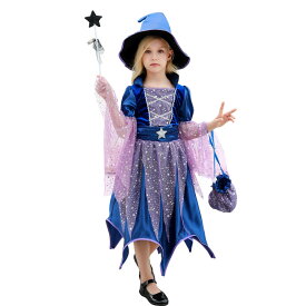 ハロウィン仮装 魔女 コスプレ衣装 キッズ用 ワンピース 帽子 ステッキ バッグ 4点セット 子供 女の子 ドレス 魔法使い かわいい コスチューム クリスマス