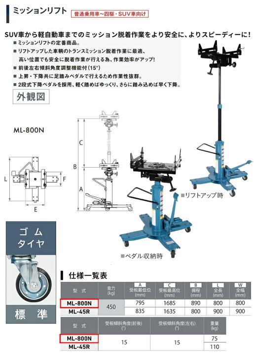 楽天市場】ミッションリフト ML-800N 長崎ジャッキ ゴムタイヤ【受注 