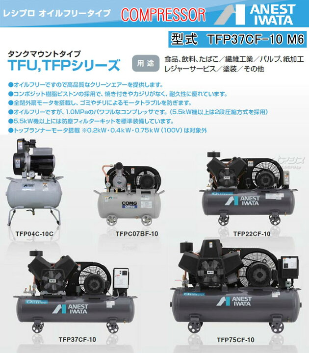楽天市場】オイルレス タンクマウント コンプレッサー コング 三相200V 