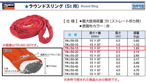 楽天市場】ラウンドスリング(5t) TRJ50-15 トラスコ(TRUSCO 
