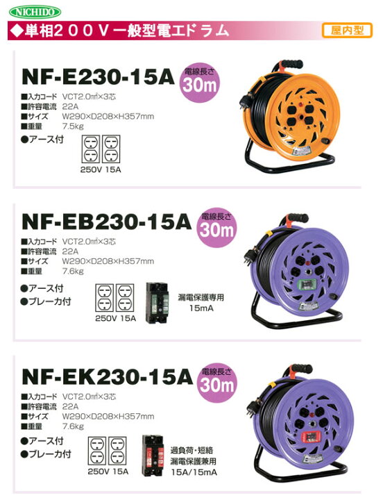 楽天市場】単相200V一般型電工ドラム(アース漏電しゃ断器付) NF-EB230 