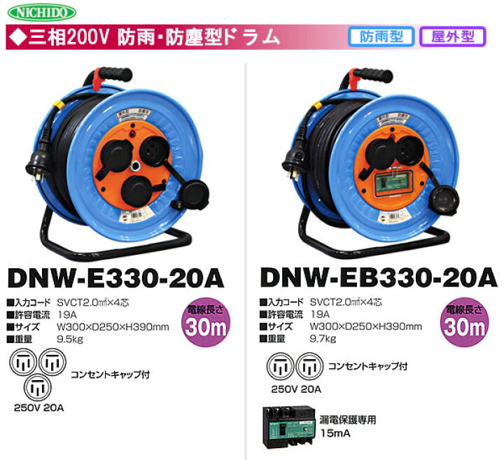 楽天市場】三相200V防雨・防塵型ドラム(アース付) DNW-E330-20A 日動 