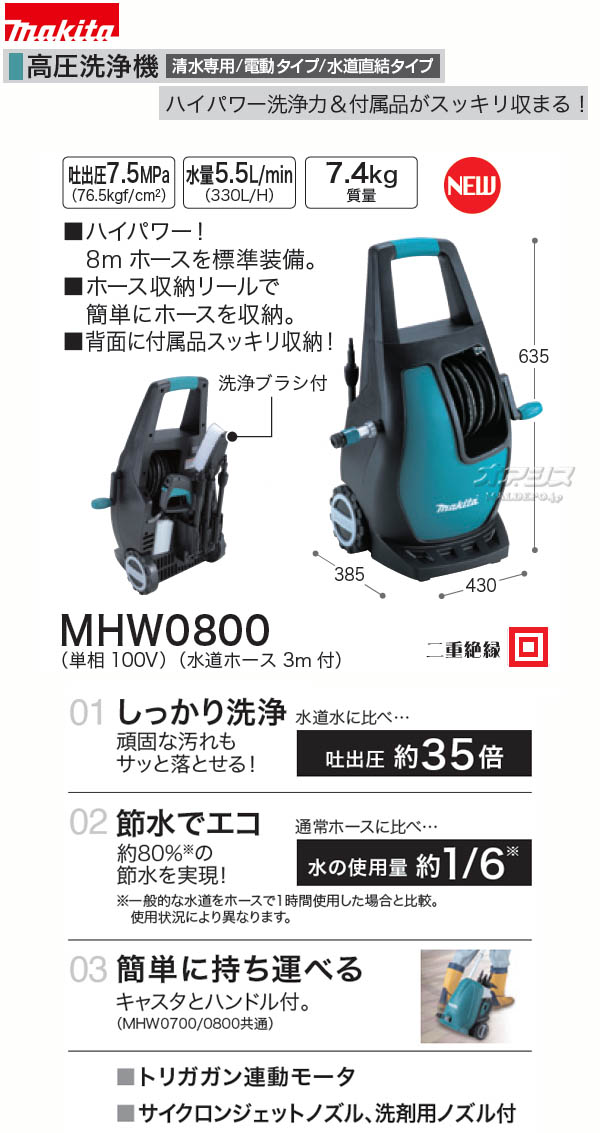 楽天市場】電動式高圧洗浄機 吐出圧7.5Mpa MHW0800 マキタ(makita