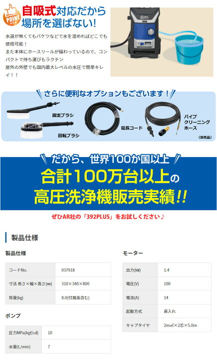 楽天市場】高圧洗浄機 ブルークリーン AR 392PLUS AR(アノービ 