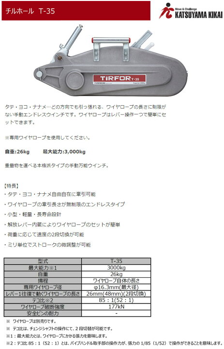 楽天市場】携帯用ワイヤー式ウインチ チルホール T-35 本体+専用 