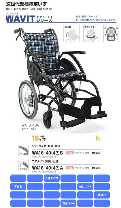 楽天市場】WAVIT(ウェイビット)シリーズ 介助式車椅子 WA16-40(42)S/A 