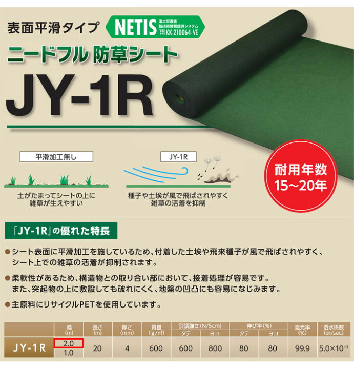 楽天市場】ニードフル 防草シート 2m×20m 1巻 JY-1R 表面平滑タイプ 
