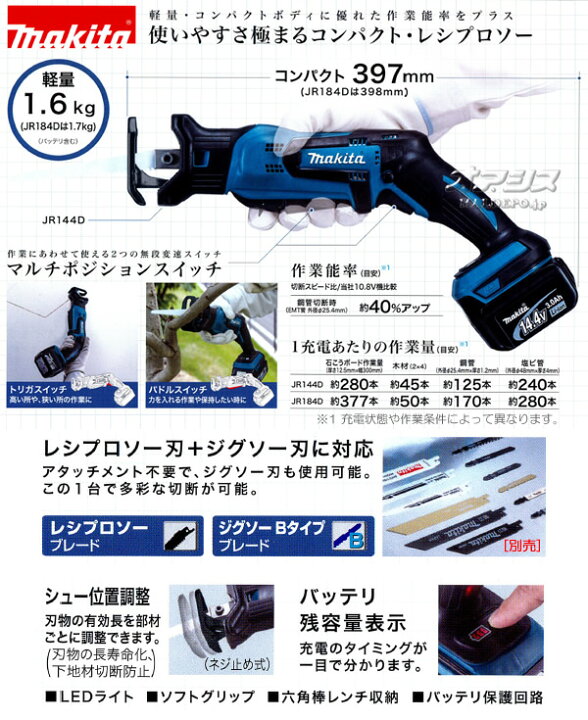 楽天市場】14.4V充電式レシプロソー JR144DRF マキタ(makita) 充電器 