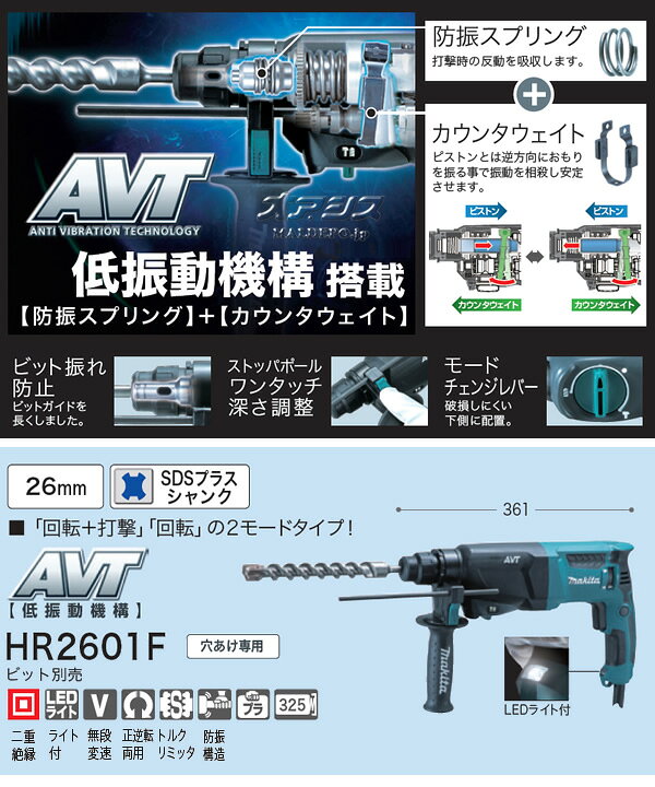 楽天市場】26mm ハンマドリル HR2601F マキタ(makita) ケース付  